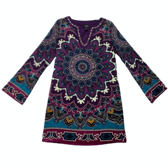 Nicloe Miller Geometric Paisley Purple tunic Shift dress Wrinkle free size 10 - Picture 4 of 12